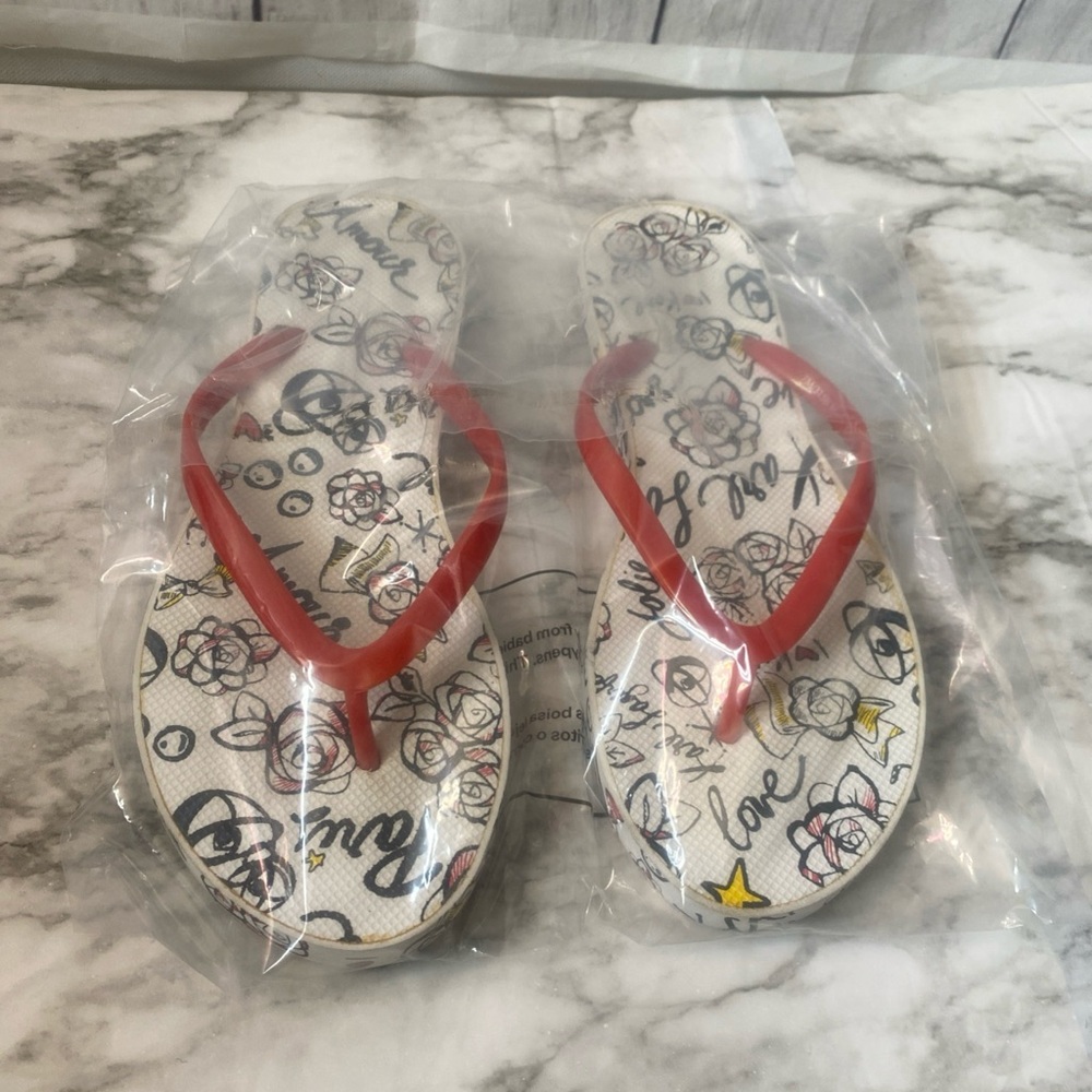 Karl Lagerfeld Flip—Flop white/res/black Signature Rose sz 7/8